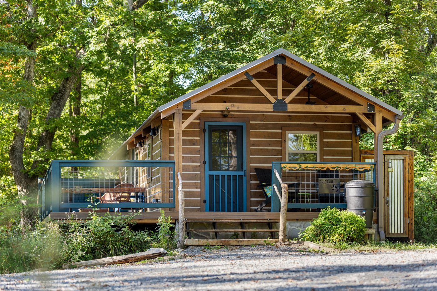 Chickadee log cabin exterior at Talking Water