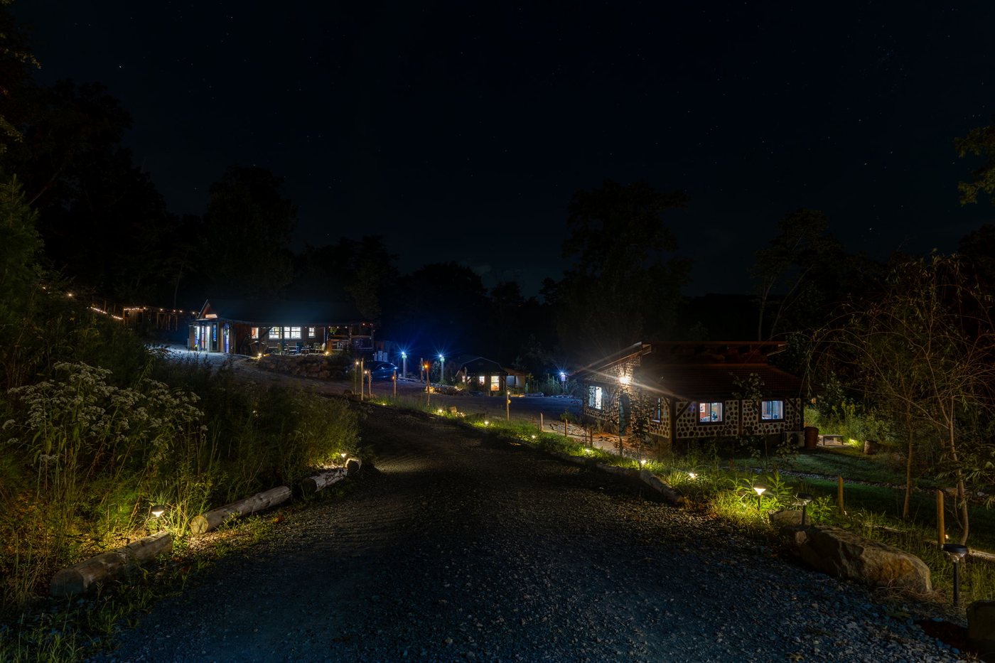 The retreat lit up and seen from the air at night