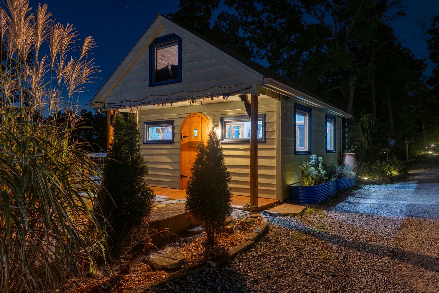 Whippoorwill cabin lit up at night