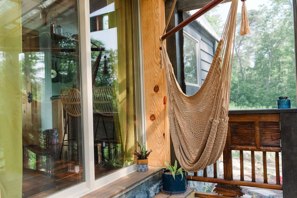 Blackbird indoor hammock by big windows