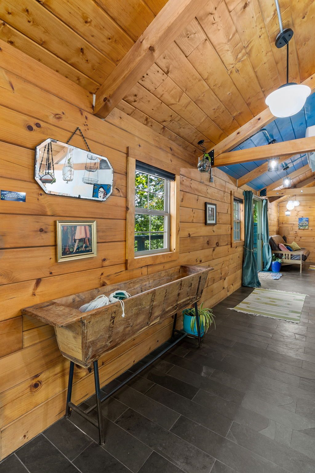 Chickadee interior with the long reclaimed-wood counter
