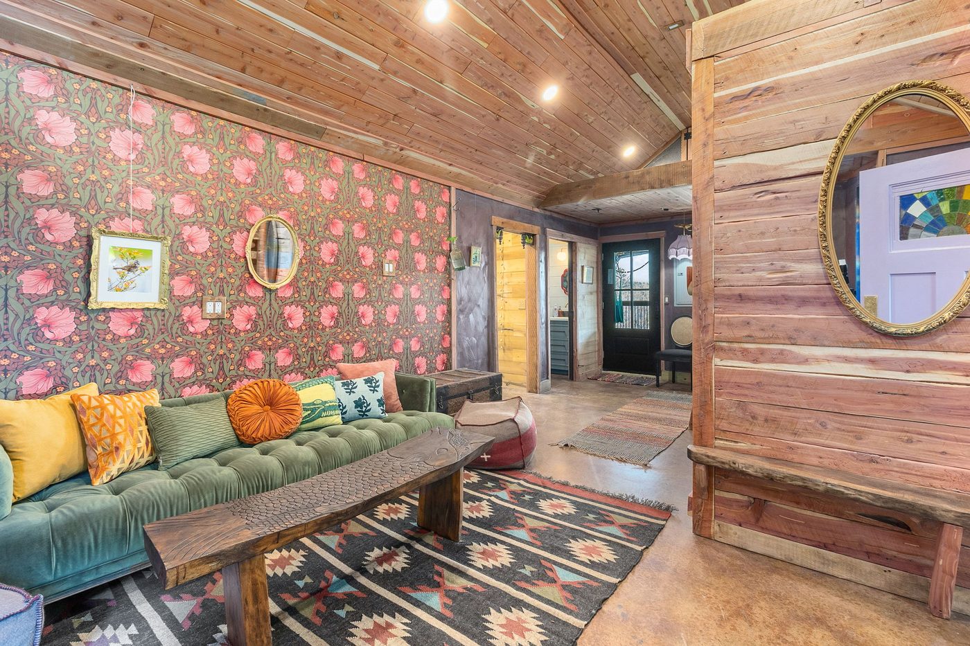 Meadowlark colorful lounge with floral wallpaper