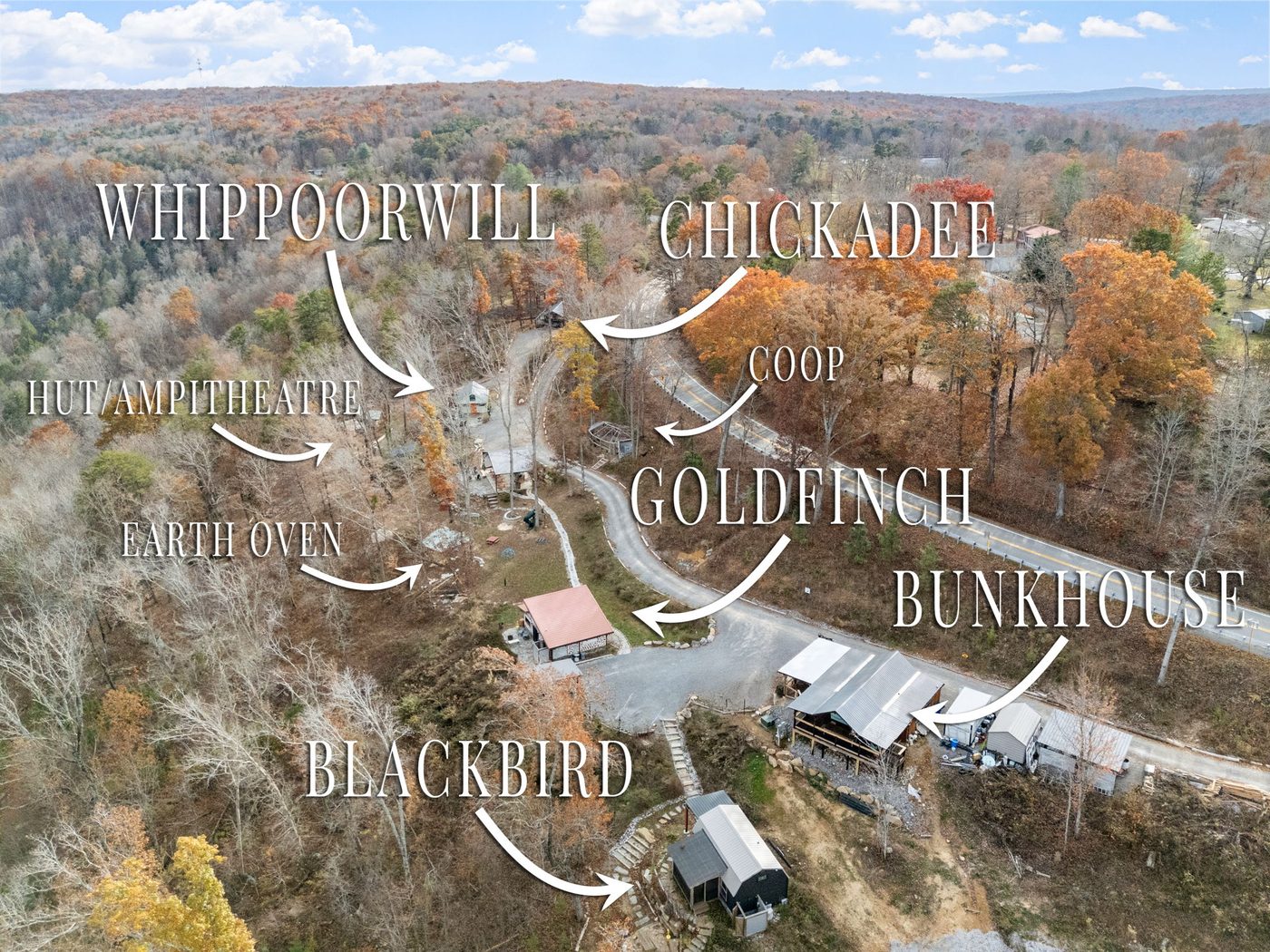 Labeled aerial map of the cabins and property
