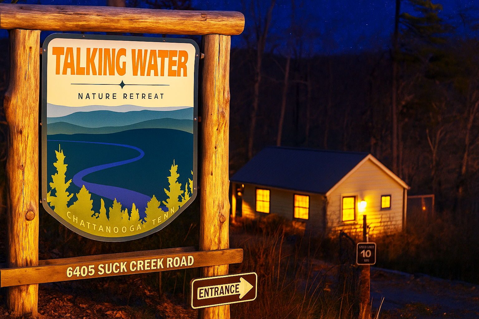 Talking Water Nature Retreat entrance sign at dusk with a lit cabin