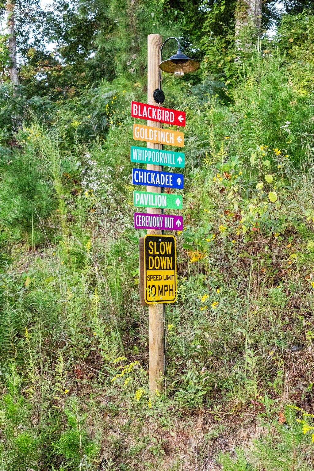 The hand-painted signpost pointing to each cabin