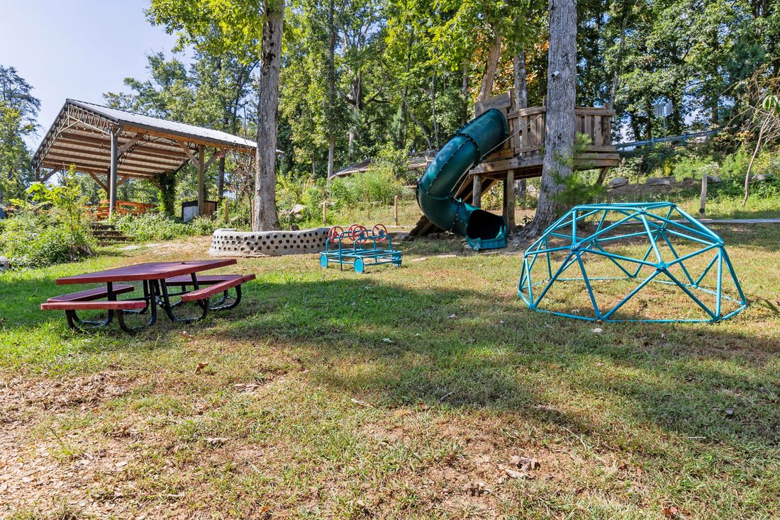The slide and climbing dome in the play area